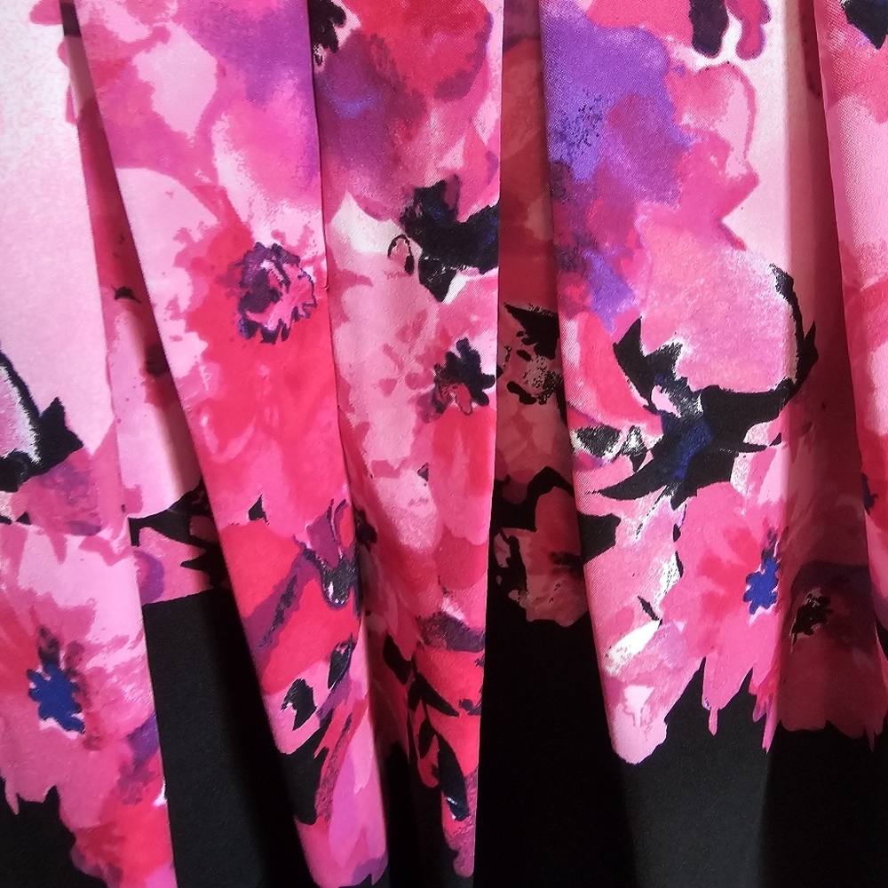 Chetta B‎ Pink Black Floral KneeLength Pleated Midi Dress Y2K Barbiecore Size 10 - Picture 7 of 13